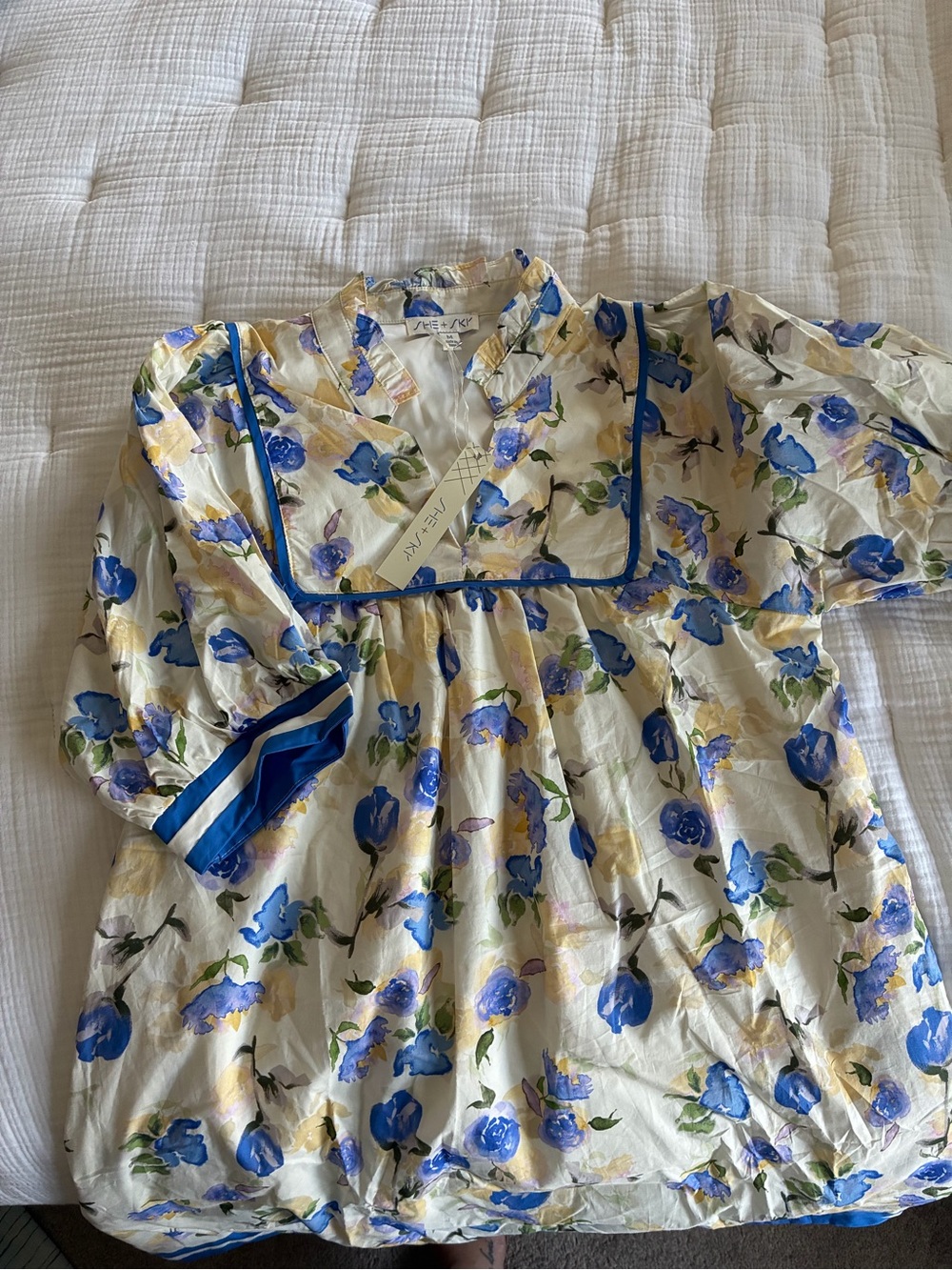 She + Sky Cream Floral Dress with Blue and Yellow Blooms